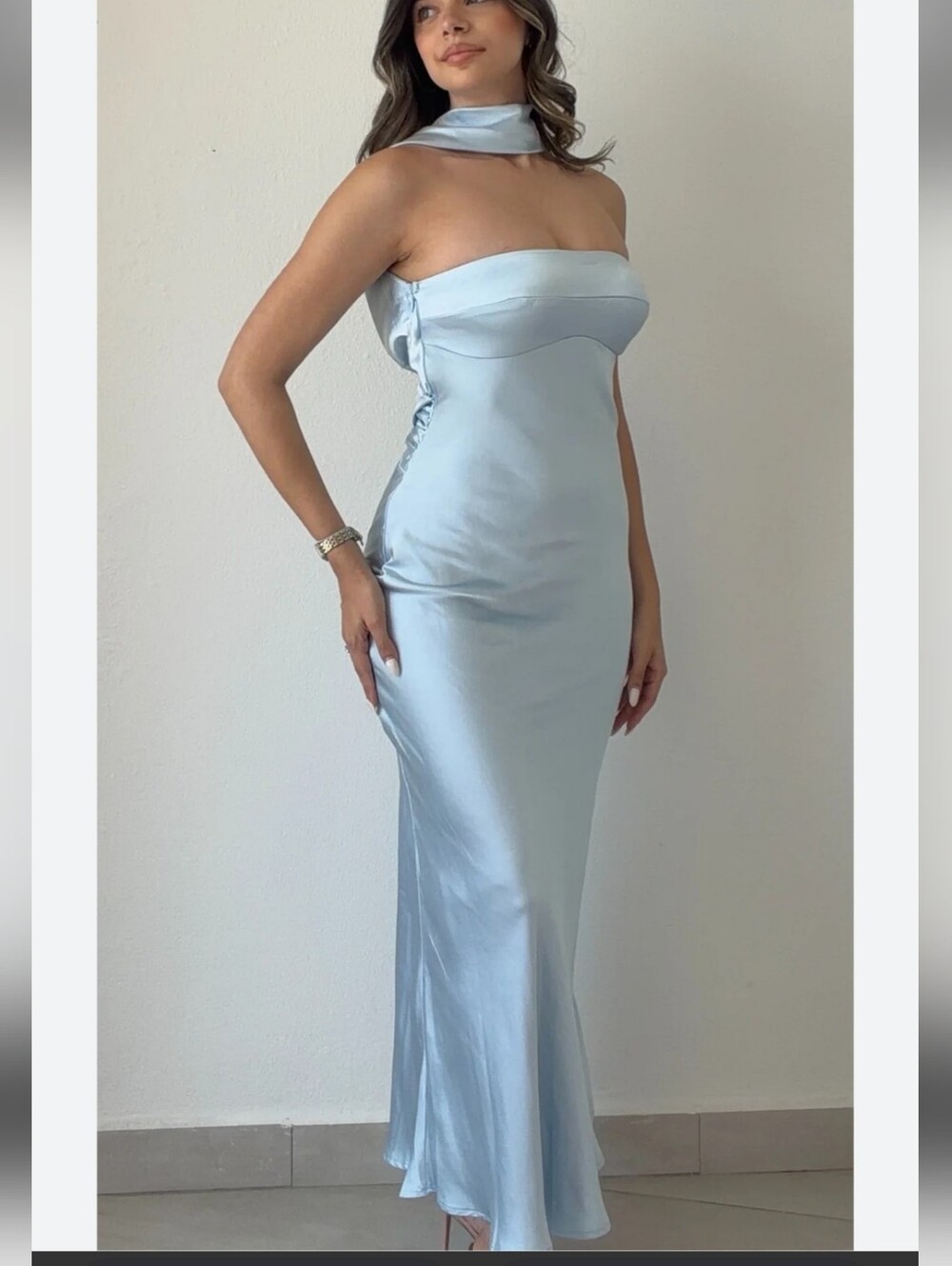 Here Comes The Sun Satin maxi Dress w/  Neck Scarf in light blue size XXL NWTS